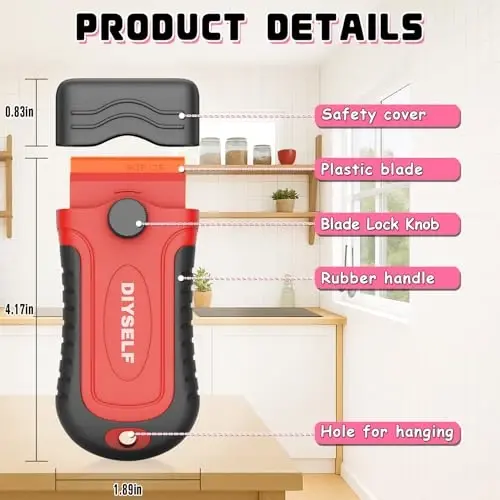 DIYSELF 2 Pcs Plastic Razor Blade Scraper with 10 Pcs Blades, Plastic Scraper Tool for Adhesive Remover, Scrapers for Cleaning Stickers, Decals, Glass, Windows, Car, No Scratches (Red) - 6