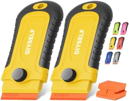 DIYSELF 2 Pcs Plastic Razor Blade Scraper with 10 Pcs Blades, Plastic Scraper Tool for Adhesive Remover, Scrapers for Cleaning Stickers, Decals, Glass, Windows, Car, No Scratches (Yellow) - 1