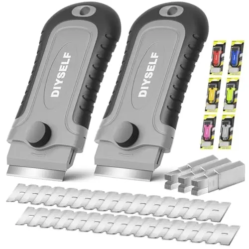 DIYSELF 2 Pack Razor Blade Scraper with 30 Pcs Spare Blades - Scraper Tool for Cleaning, Glass, Stickers - Scraper for Glass Top Stove - Paint Scraper - Razor Scraper - Glass Scraper - Oven Scraper - 1