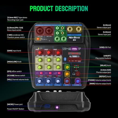 DJ Audio Mixer, DJ Mixers 4 Channel Sound Board with Bluetooth, NEW BAXS Sound Mixer Board XRL/1/4