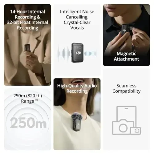 DJI Mic 2 (1 TX + 1 RX), aqlli shovqinni bekor qiluvchi simsiz mikrofon, 32 bitli suzuvchi ichki yozuv, optimallashtirilgan ovoz, 250 m (820 ft.) masofa, iPhone, Android, kamera, vloglar uchun mikrofon - 2