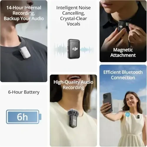 DJI Mic 2 Transmitter (Shadow Black), Intelligent shovqinni bekor qiluvchi simsiz mikrofon, 14 soatlik ichki yozuv, 6 soatlik batareya, magnitli biriktirma, Bluetooth mikrofon, YouTube, Vlogs - 2