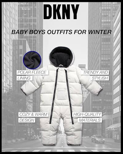 DKNY Baby Boys' Snow Pram - Newborn Sherpa Hood One Piece Snowsuit - Cozy Polar Fleece Lined Winter Coat for Baby Boys 12-24M - 7