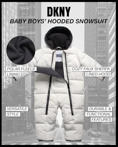 DKNY Baby Boys' Snow Pram - Newborn Sherpa Hood One Piece Snowsuit - Cozy Polar Fleece Lined Winter Coat for Baby Boys 12-24M - 1