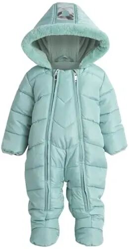 DKNY Baby Girls One Piece Puffer Snowsuit Pram, Water and Wind Resistant | Midweight Fleece Lined Warmth, Attached Hood with Faux Fur Trim, Dual Zippers and Hand and Feet Covers for Cold Days - DKNY