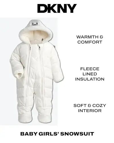 DKNY Baby Girls One Piece Puffer Snowsuit Pram, Water and Wind Resistant | Midweight Fleece Lined Warmth, Attached Hood with Faux Fur Trim, Dual Zippers and Hand and Feet Covers for Cold Days - DKNY (1)