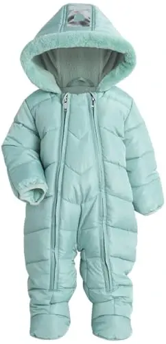 DKNY Baby Girls One Piece Puffer Snowsuit Pram, Water and Wind Resistant | Midweight Fleece Lined Warmth, Attached Hood with Faux Fur Trim, Dual Zippers and Hand and Feet Covers for Cold Days - 3