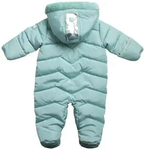 DKNY Baby Girls One Piece Puffer Snowsuit Pram, Water and Wind Resistant | Midweight Fleece Lined Warmth, Attached Hood with Faux Fur Trim, Dual Zippers and Hand and Feet Covers for Cold Days - 4