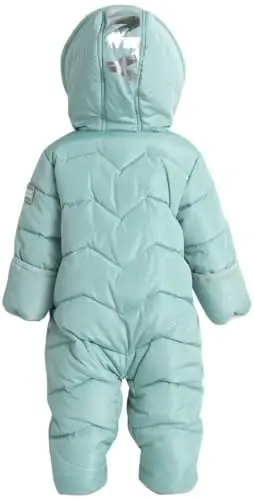 DKNY Baby Girls One Piece Puffer Snowsuit Pram, Water and Wind Resistant | Midweight Fleece Lined Warmth, Attached Hood with Faux Fur Trim, Dual Zippers and Hand and Feet Covers for Cold Days - 6