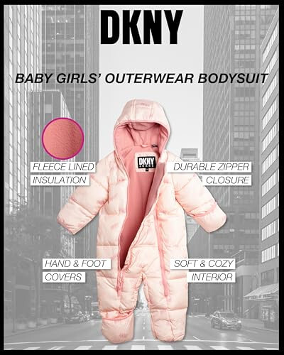 DKNY Baby Girls’ Snowsuit – Hooded Fleece Lined Warm Winter Coat – Zip Snow Pram for Newborns and Infants (0-24M) - 2