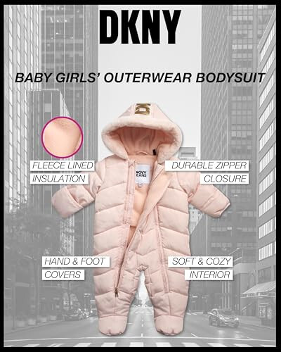 DKNY Baby Girls’ Snowsuit – Hooded Fleece Lined Warm Winter Coat – Zip Snow Pram for Newborns and Infants (0-24M) - 2