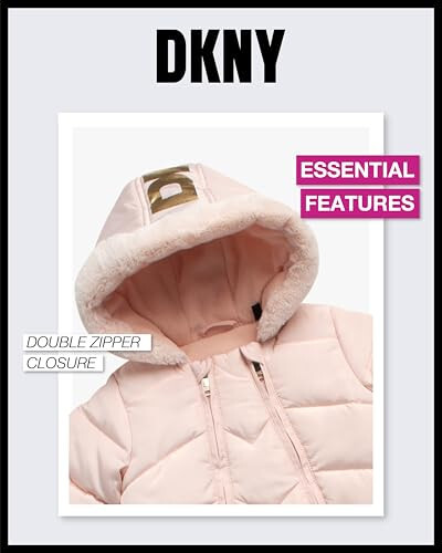 DKNY Baby Girls’ Snowsuit – Hooded Fleece Lined Warm Winter Coat – Zip Snow Pram for Newborns and Infants (0-24M) - 3