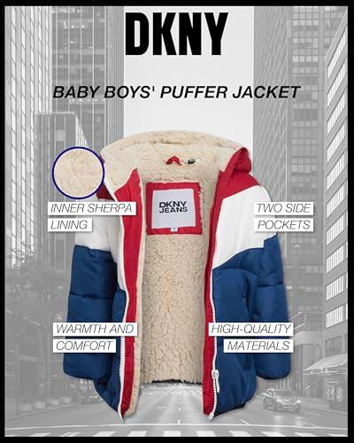 DKNY Baby Infant Boys' Puffer Jacket - Toddler Puffer Coat Full Zip Up Sherpa Lined Quilted Hooded Jacket (Sizes: 12M-4T) - 2