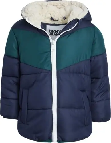 DKNY Baby Infant Boys' Puffer Jacket - Toddler Puffer Coat Full Zip Up Sherpa Lined Quilted Hooded Jacket (Sizes: 12M-4T) - 1