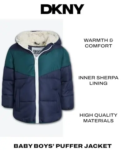 DKNY Baby Infant Boys' Puffer Jacket - Toddler Puffer Coat Full Zip Up Sherpa Lined Quilted Hooded Jacket (Sizes: 12M-4T) - 2