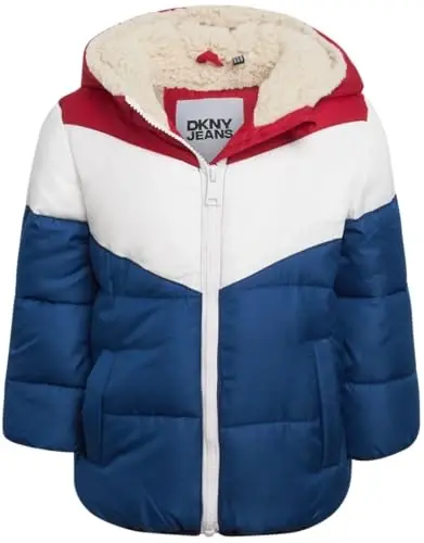DKNY Baby Infant Boys' Puffer Jacket - Toddler Puffer Coat Full Zip Up Sherpa Lined Quilted Hooded Jacket (Sizes: 12M-4T) 