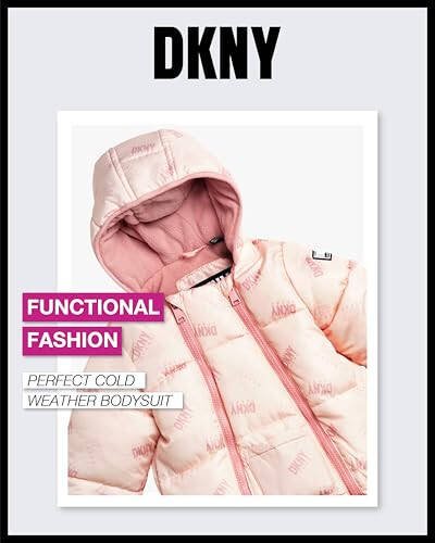 DKNY Bebek Kız Kar Tulumu - Kapüşonlu Polar Astarlı Sıcak Kışlık Mont - Yenidoğan ve Bebekler İçin Fermuarlı Kar Kızağı (0-24M) - 4