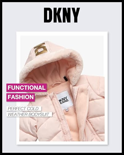 DKNY Bebek Kız Kar Tulumu - Kapüşonlu Polar Astarlı Sıcak Kışlık Mont - Yenidoğan ve Bebekler İçin Fermuarlı Kar Kızağı (0-24M) - 4