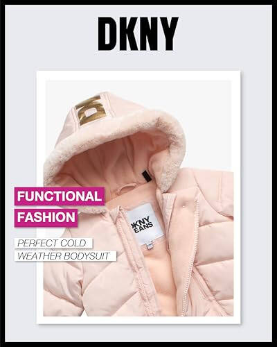 DKNY Bebek Kız Kar Tulumu - Kapüşonlu Polar Astarlı Sıcak Kışlık Mont - Yenidoğan ve Bebekler İçin Fermuarlı Kar Kızağı (0-24M) - 4