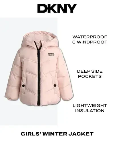 DKNY Infant Toddler Baby Girls' Winter Jacket - Fleece Lined Quilted Bubble Puffer Parka Coat for Girls (Sizes: 12M-4T) - MODAZONE