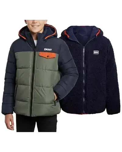 DKNY Boys Puffer Jacket - Reversible Zip Up Kids Winter Coat Sherpa Jacket with Hood - Outerwear Jackets for Boys - 5