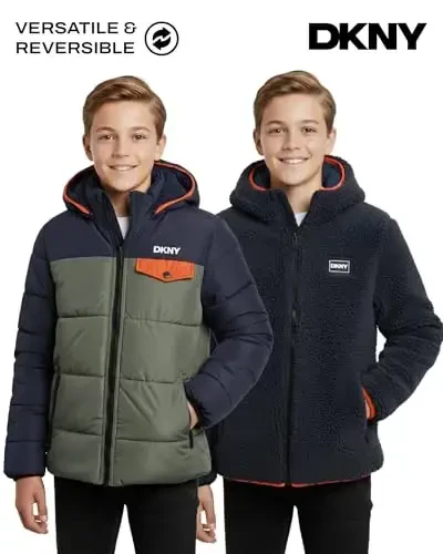 DKNY Boys Puffer Jacket - Reversible Zip Up Kids Winter Coat Sherpa Jacket with Hood - Outerwear Jackets for Boys - 7