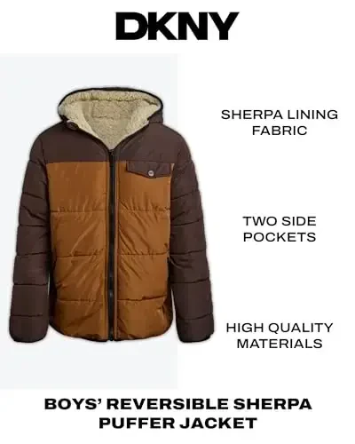 DKNY Boys Puffer Jacket - Reversible Zip Up Kids Winter Coat Sherpa Jacket with Hood - Outerwear Jackets for Boys - 6