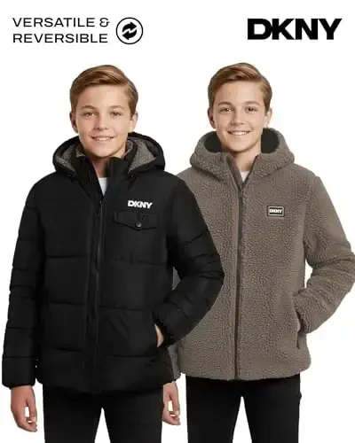 DKNY Boys Puffer Jacket - Zip Up Hooded Reversible Puffer to Plaid Sherpa Qishki kurtka - O'g'il bolalar uchun ustki kurtkalar (8-20) - 4