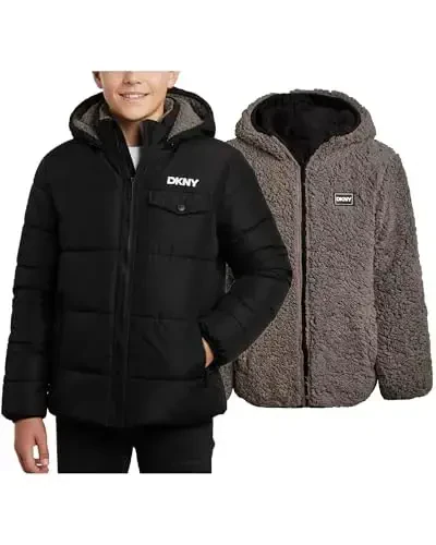 DKNY Boys Puffer Jacket - Zip Up Hooded Reversible Puffer to Plaid Sherpa Winter Jacket - Outerwear Jackets for Boys (8-20) 