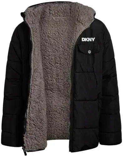 DKNY Boys Puffer Jacket - Zip Up Hooded Reversible Puffer to Plaid Sherpa Winter Jacket - Outerwear Jackets for Boys (8-20) - DKNY