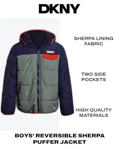 DKNY Boys Puffer Kurtka - Ikki tomonlama fermuarli bolalar qishki palto Sherpa kurtka kaputli - O'g'il bolalar uchun ustki kiyim kurtkalari - 6