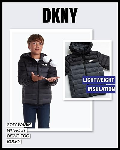 DKNY Erkek Çocuk Mont - Orta Kalınlıklı İzoleli Kapitone Dış Giyim Parka Puffer Mont - Suya Dayanıklı Erkek Çocuk Kışlık Kapüşonlu Mont (8-20) - 4