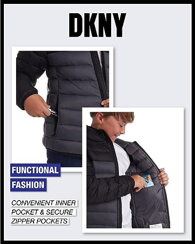 DKNY Erkek Çocuk Mont - Orta Kalınlıklı İzoleli Kapitone Dış Giyim Parka Puffer Mont - Suya Dayanıklı Erkek Çocuk Kışlık Kapüşonlu Mont (8-20) - 5