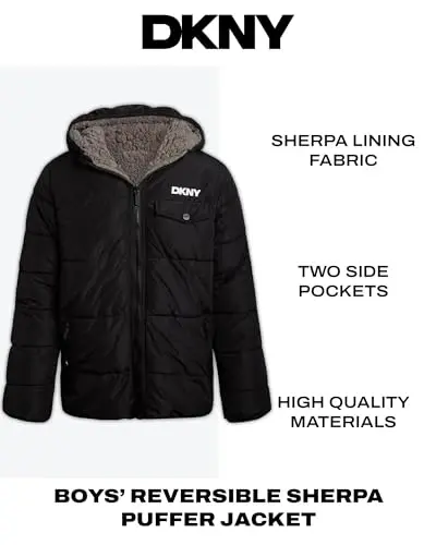 DKNY Boys Puffer Jacket - Reversible Zip Up Kids Winter Coat Sherpa Jacket with Hood - Outerwear Jackets for Boys - 4