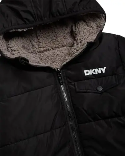 DKNY Boys Puffer Jacket - Reversible Zip Up Kids Winter Coat Sherpa Jacket with Hood - Outerwear Jackets for Boys - 6