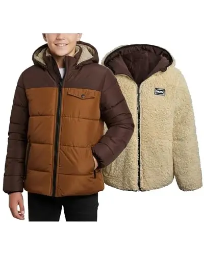 DKNY Boys Puffer Jacket - Reversible Zip Up Kids Winter Coat Sherpa Jacket with Hood - Outerwear Jackets for Boys - 5