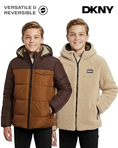 DKNY Boys Puffer Jacket - Reversible Zip Up Kids Winter Coat Sherpa Jacket with Hood - Outerwear Jackets for Boys - 7