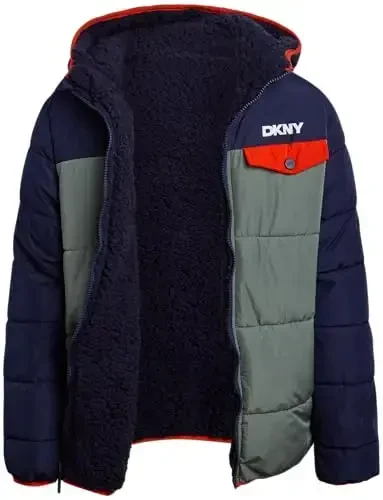 DKNY Boys Puffer Jacket - Reversible Zip Up Kids Winter Coat Sherpa Jacket with Hood - Outerwear Jackets for Boys 