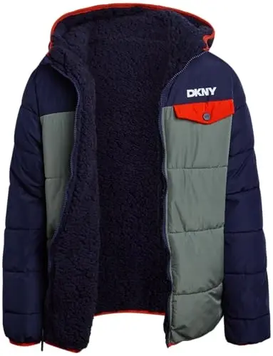 DKNY Boys Puffer Jacket - Reversible Zip Up Kids Winter Coat Sherpa Jacket with Hood - Outerwear Jackets for Boys - 1