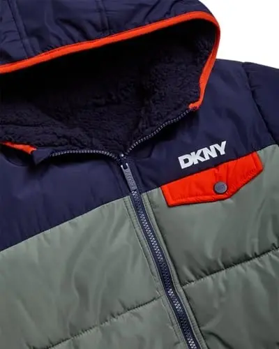 DKNY Boys Puffer Jacket - Reversible Zip Up Kids Winter Coat Sherpa Jacket with Hood - Outerwear Jackets for Boys - 2
