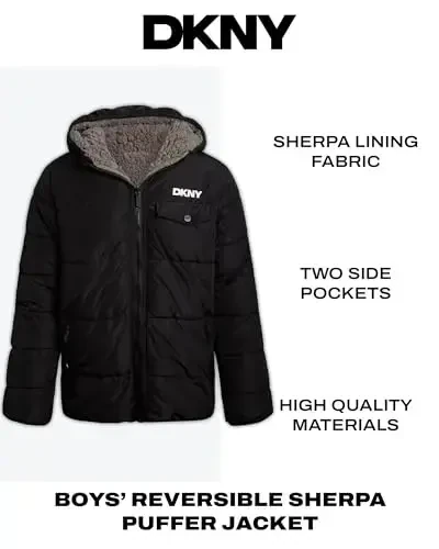 DKNY Boys Puffer Jacket - Reversible Zip Up Kids Winter Coat Sherpa Jacket with Hood - Outerwear Jackets for Boys - 5