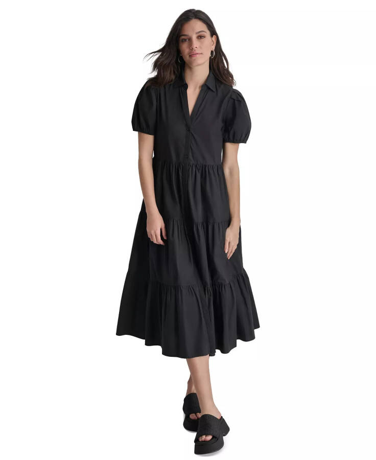 DKNY Women's Puffed-Sleeve Tiered Shirtdress Black - 1