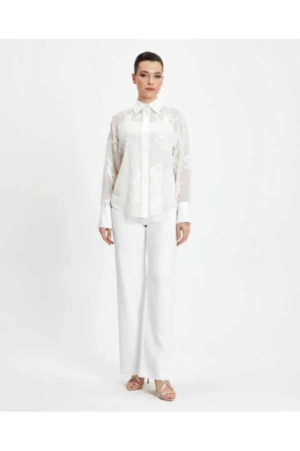 Длинная манжета с вышивкой из экрю, прозрачная классическая рубашка 39240 - 1