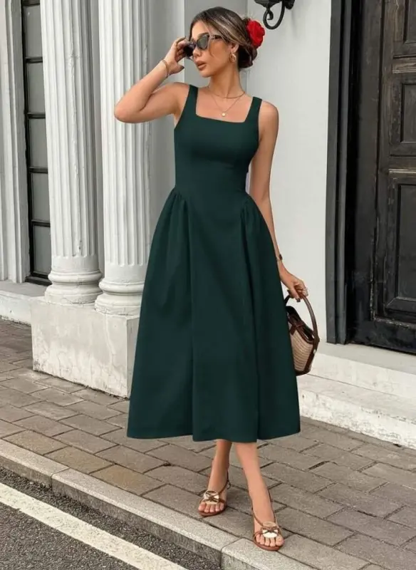 Длинное импортное креповое платье на бретелях с квадратным вырезом - 2