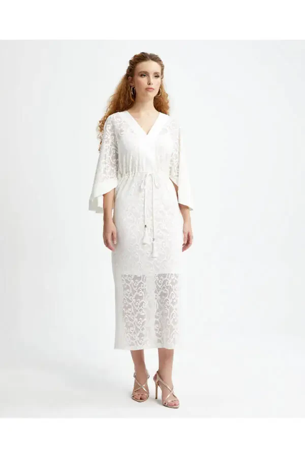 Длинное платье экрю с V-образным вырезом, испанскими рукавами и внутренней подкладкой 39253 - 2