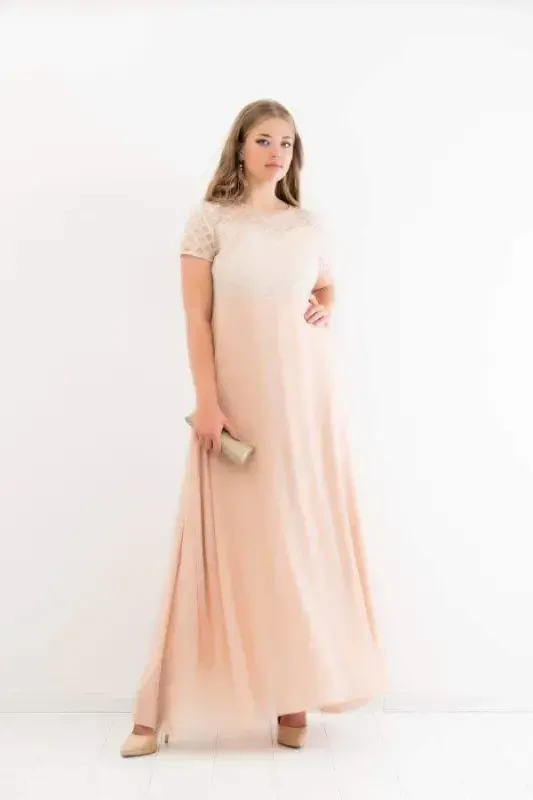 Длинное вечернее платье большого размера с квадратной деталью и блестками KL831 Экрю - 2