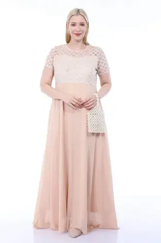 Длинное вечернее платье большого размера с квадратной деталью и блестками KL831 Экрю - 5