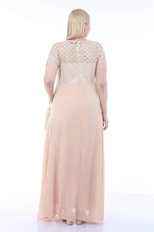 Длинное вечернее платье большого размера с квадратной деталью и блестками KL831 Экрю - 7