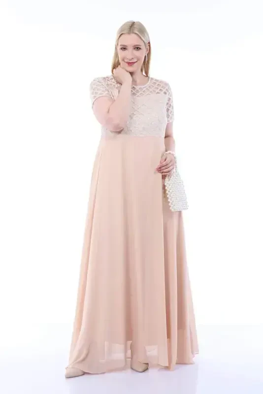 Длинное вечернее платье большого размера с квадратной деталью и блестками KL831 Экрю - 9