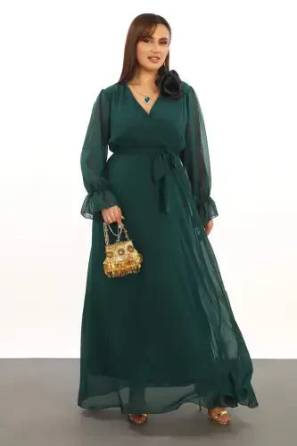 Длинное зеленое платье-макси для подружек невесты большого размера с поясом на талии KL3085 - 1